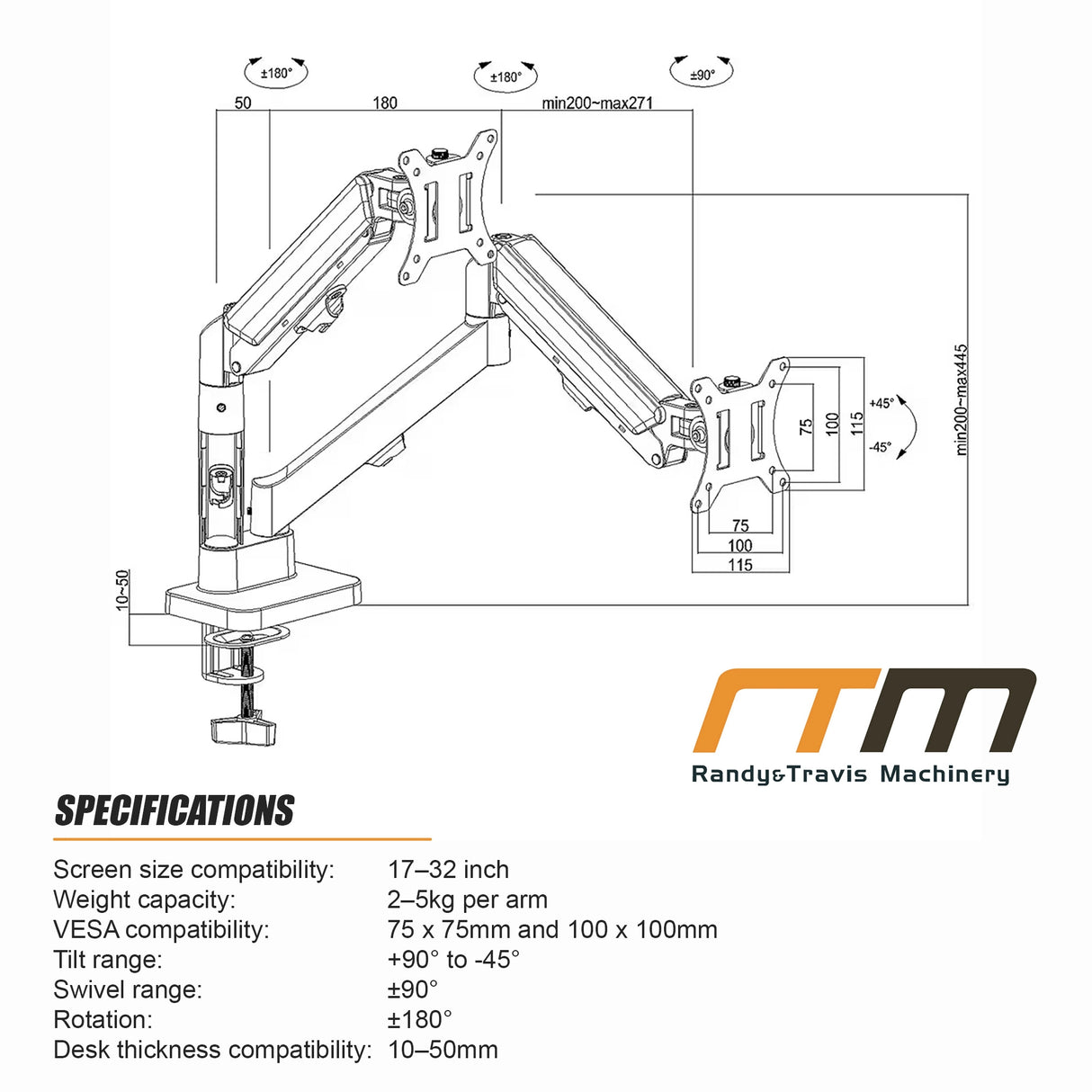 Dual Arm Monitor Desk Mount Bracket Spring Assisted 17&ndash;32 Inch Full Motion