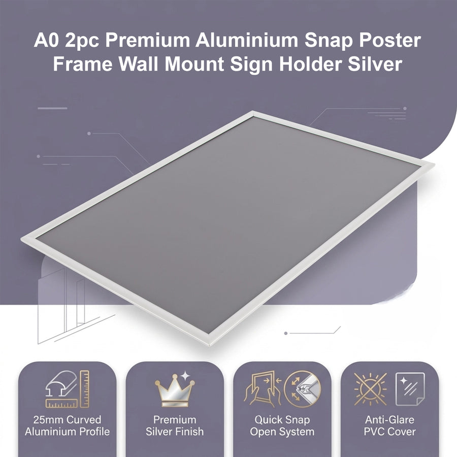 A0 2pc Aluminium Snap Poster Frame Wall Mount Sign Holder Silver