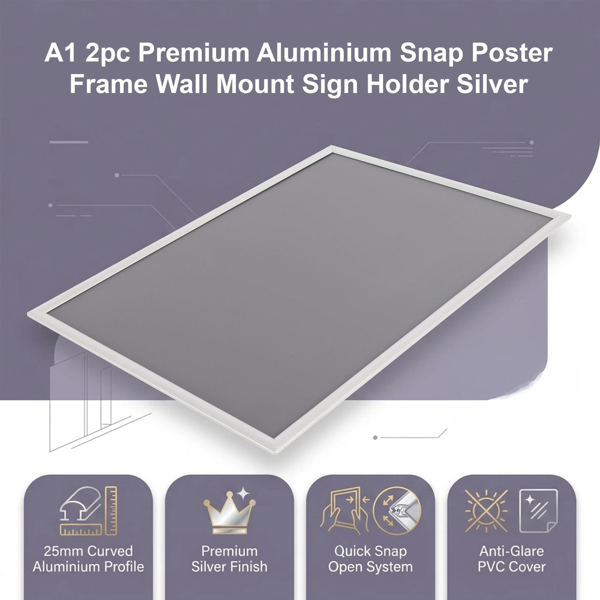 A1 2pc Aluminium Snap Poster Frame Wall Mount Sign Holder Silver