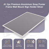 A1 2pc Aluminium Snap Poster Frame Wall Mount Sign Holder Silver - Side View