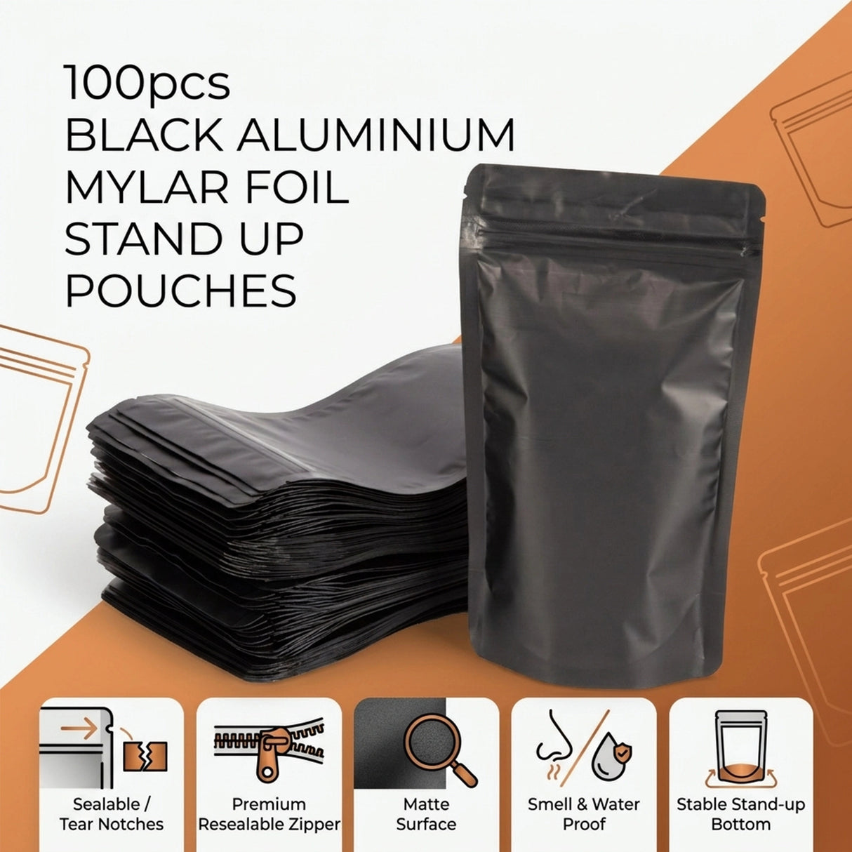 Black Aluminium Mylar Foil Stand Up Pouch 100pcs