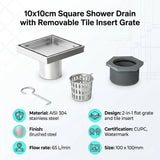 10x10cm Square Shower Drain with Removable Tile Insert Grate &ndash; Chrome 304 Stainless Steel, CUPC Certified for Modern Bathrooms - Extra Image