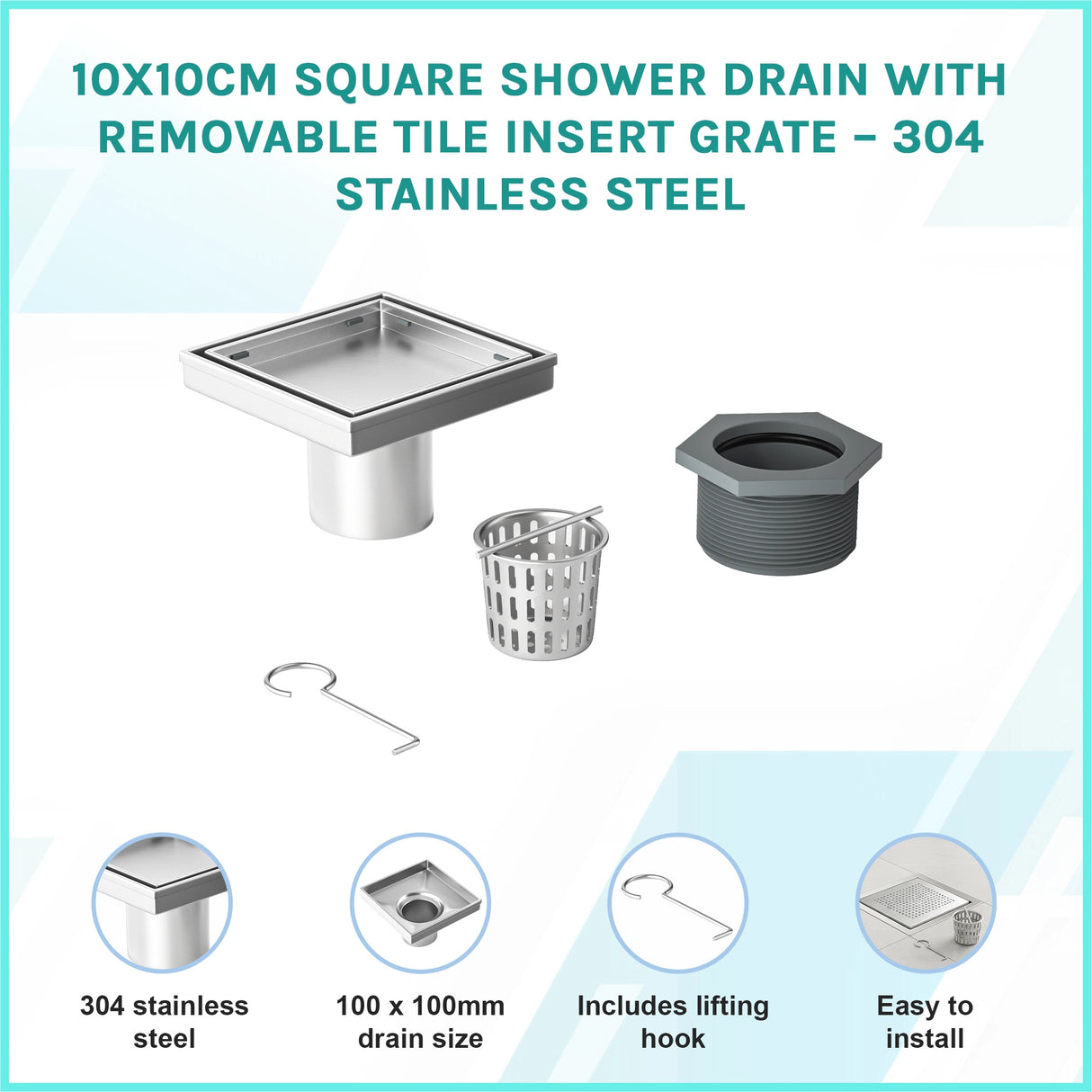 10x10cm Square Shower Drain with Removable Tile Insert Grate &ndash; Chrome 304 Stainless Steel, CUPC Certified for Modern Bathrooms
