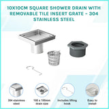 10x10cm Square Shower Drain with Removable Tile Insert Grate &ndash; Chrome 304 Stainless Steel, CUPC Certified for Modern Bathrooms - Side View