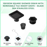 10x10cm Square Shower Drain with Removable Tile Insert Grate &ndash; Black 304 Stainless Steel, CUPC Certified for Modern Bathrooms - Side View