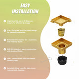 10x10cm Square Shower Drain with Removable Tile Insert Grate &ndash; Gold 304 Stainless Steel, CUPC Certified for Modern Bathrooms