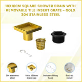 10x10cm Square Shower Drain with Removable Tile Insert Grate &ndash; Gold 304 Stainless Steel, CUPC Certified for Modern Bathrooms