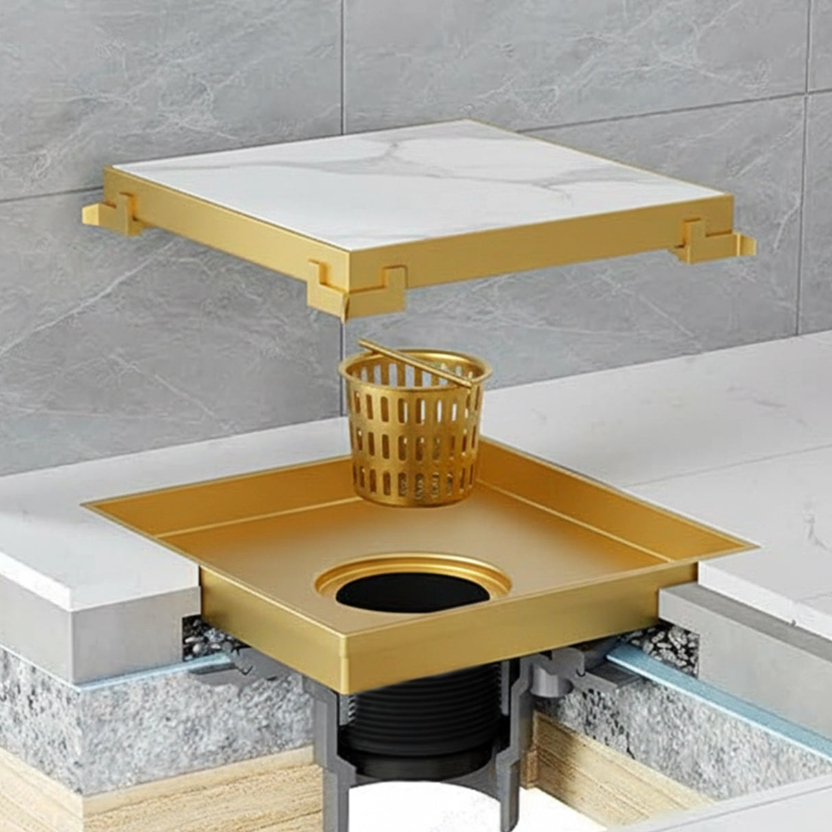 10x10cm Square Shower Drain with Removable Tile Insert Grate &ndash; Gold 304 Stainless Steel, CUPC Certified for Modern Bathrooms
