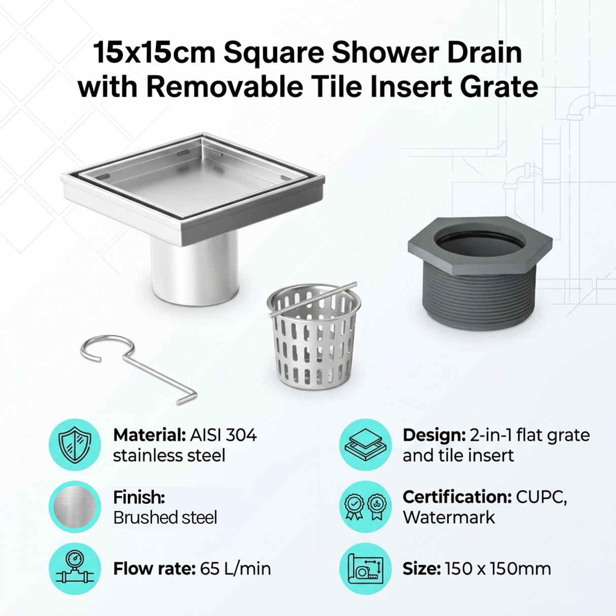 15x15cm Square Shower Drain with Removable Tile Insert Grate &ndash; Chrome 304 Stainless Steel, CUPC Certified for Modern Bathrooms
