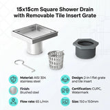 15x15cm Square Shower Drain with Removable Tile Insert Grate &ndash; Chrome 304 Stainless Steel, CUPC Certified for Modern Bathrooms - Extra Image