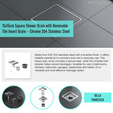 15x15cm Square Shower Drain with Removable Tile Insert Grate &ndash; Chrome 304 Stainless Steel, CUPC Certified for Modern Bathrooms
