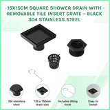 15x15cm Square Shower Drain with Removable Tile Insert Grate &ndash; Black 304 Stainless Steel, CUPC Certified for Modern Bathrooms - Side View