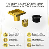 15x15cm Square Shower Drain with Removable Tile Insert Grate &ndash; Gold 304 Stainless Steel, CUPC Certified for Modern Bathrooms - Extra Image
