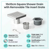 10x10cm Square Shower Drain with Grid Pattern Grate &ndash; Chrome 304 Stainless Steel, CUPC Certified with Hair Strainer - Extra Image
