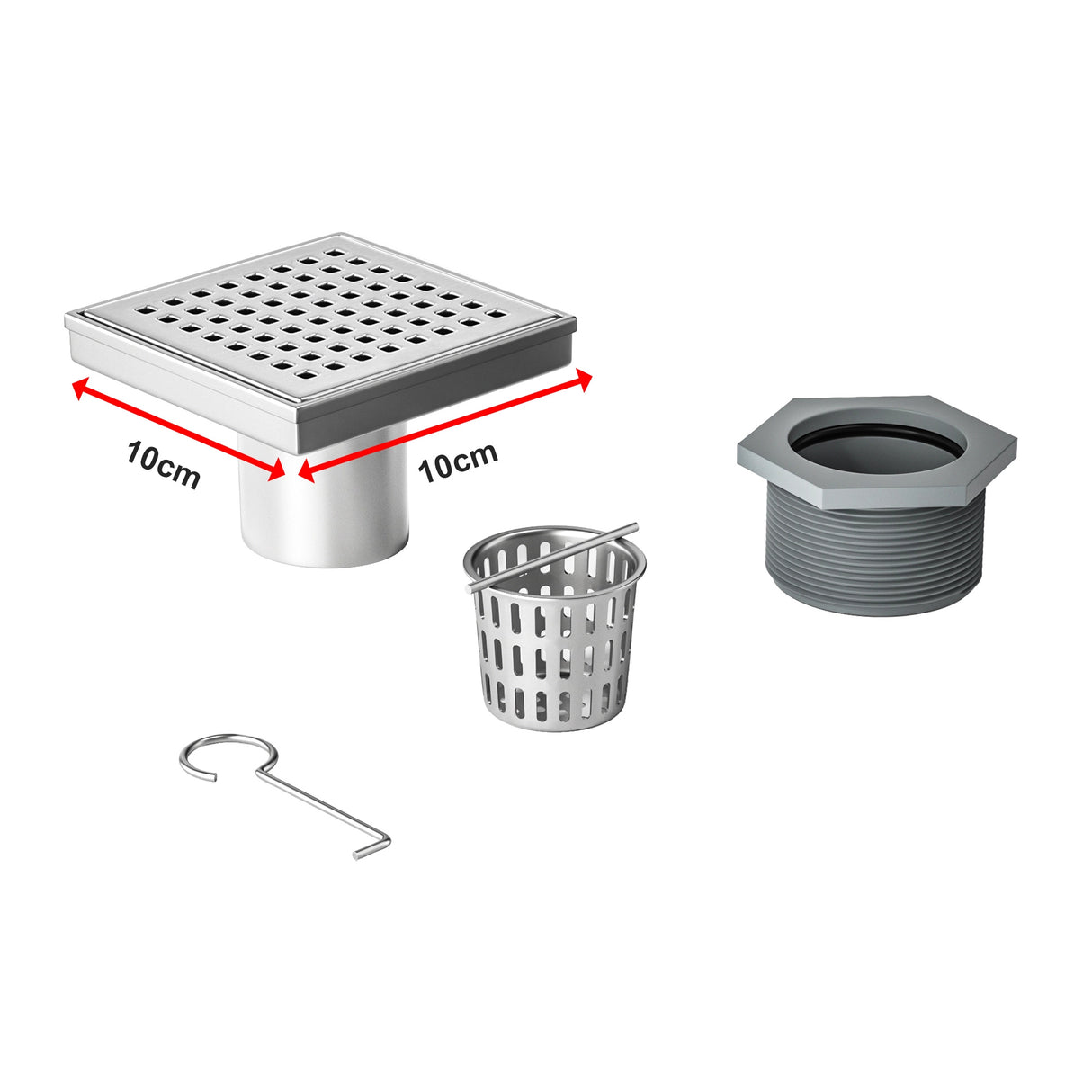 10x10cm Square Shower Drain with Grid Pattern Grate &ndash; Chrome 304 Stainless Steel, CUPC Certified with Hair Strainer