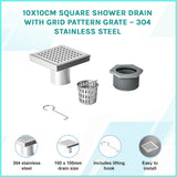 10x10cm Square Shower Drain with Grid Pattern Grate &ndash; Chrome 304 Stainless Steel, CUPC Certified with Hair Strainer - Side View