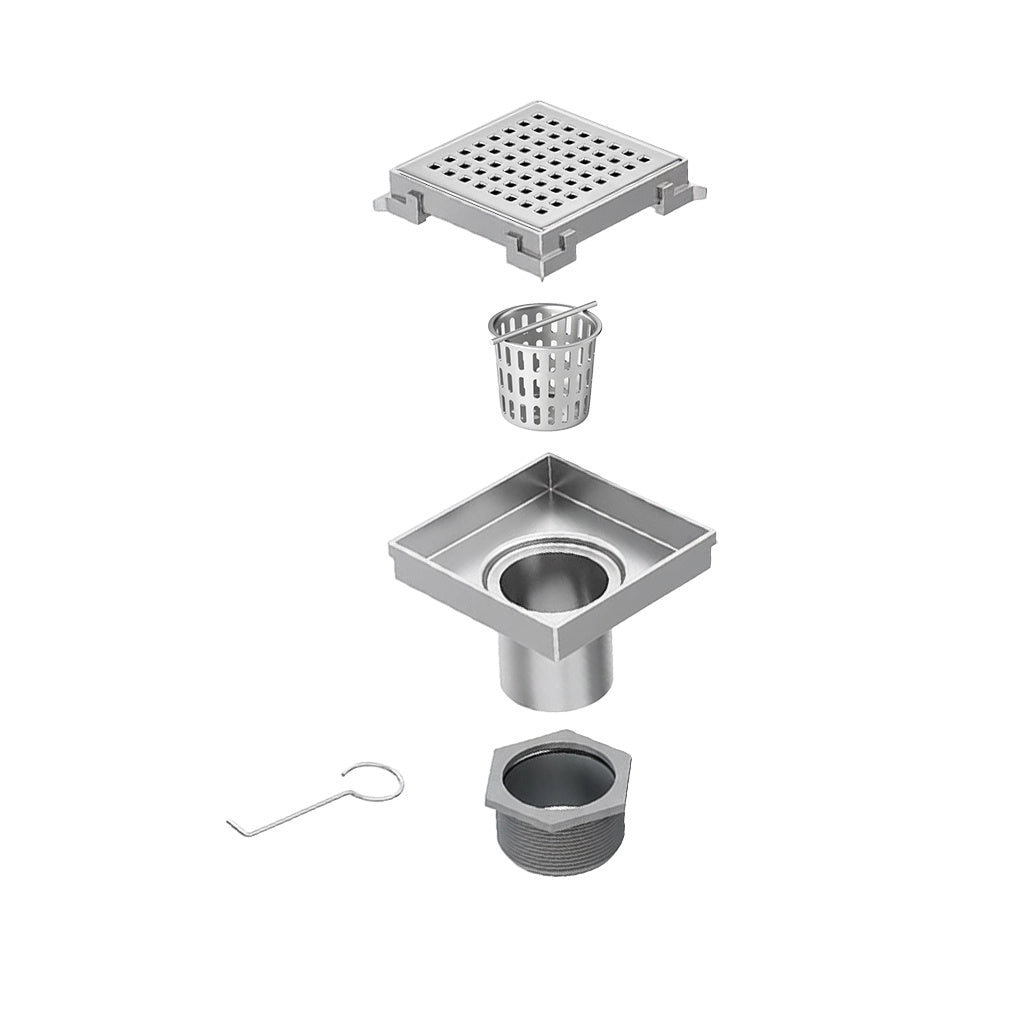 10x10cm Square Shower Drain with Grid Pattern Grate &ndash; Chrome 304 Stainless Steel, CUPC Certified with Hair Strainer