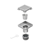 10x10cm Square Shower Drain with Grid Pattern Grate &ndash; Chrome 304 Stainless Steel, CUPC Certified with Hair Strainer - Rear View