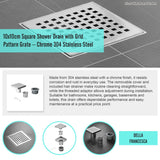 10x10cm Square Shower Drain with Grid Pattern Grate &ndash; Chrome 304 Stainless Steel, CUPC Certified with Hair Strainer