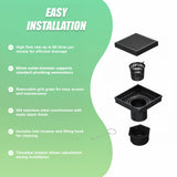 10x10cm Square Shower Drain with Grid Pattern Grate &ndash; Black 304 Stainless Steel, CUPC Certified with Hair Strainer