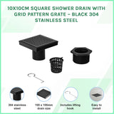 10x10cm Square Shower Drain with Grid Pattern Grate &ndash; Black 304 Stainless Steel, CUPC Certified with Hair Strainer - Side View