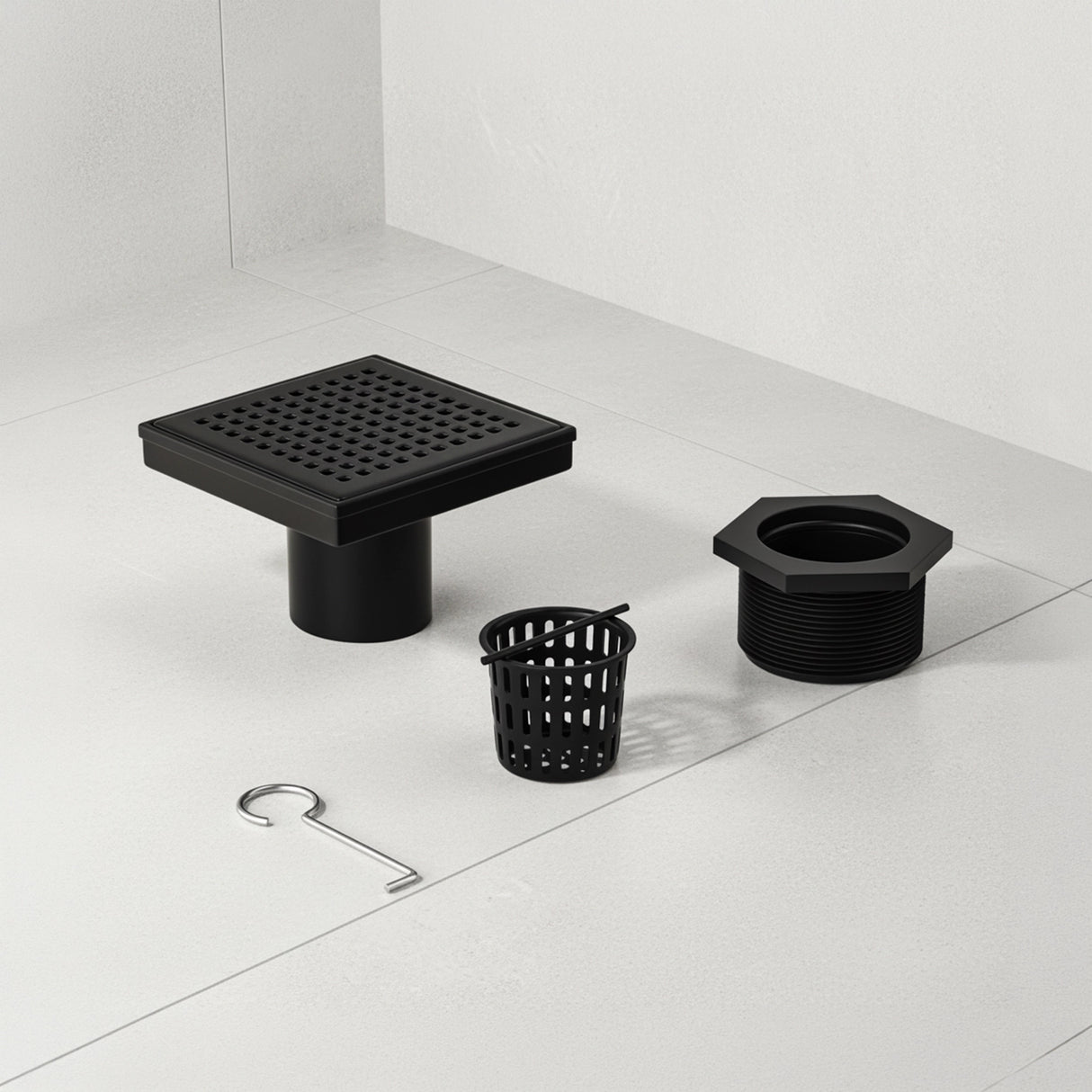 10x10cm Square Shower Drain with Grid Pattern Grate &ndash; Black 304 Stainless Steel, CUPC Certified with Hair Strainer