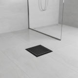 10x10cm Square Shower Drain with Grid Pattern Grate &ndash; Black 304 Stainless Steel, CUPC Certified with Hair Strainer - Close-Up Angle