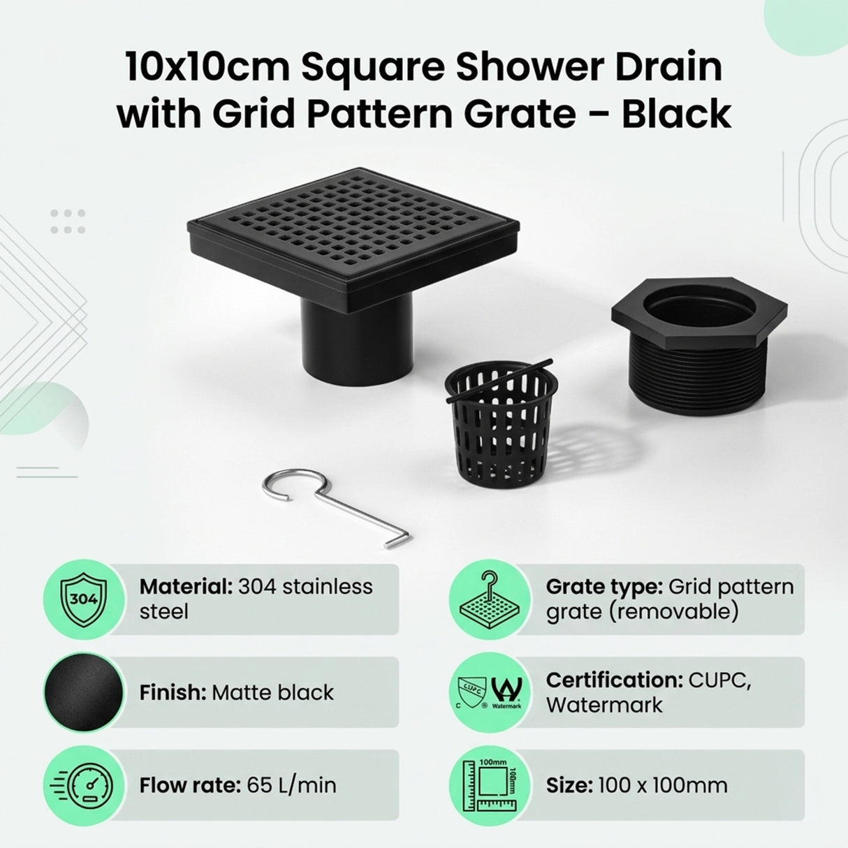 10x10cm Square Shower Drain with Grid Pattern Grate &ndash; Black 304 Stainless Steel, CUPC Certified with Hair Strainer