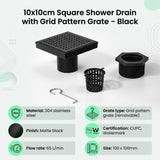 10x10cm Square Shower Drain with Grid Pattern Grate &ndash; Black 304 Stainless Steel, CUPC Certified with Hair Strainer - Extra Image