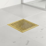 10x10cm Square Shower Drain with Grid Pattern Grate &ndash; Gold 304 Stainless Steel, CUPC Certified with Hair Strainer