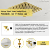 10x10cm Square Shower Drain with Grid Pattern Grate &ndash; Gold 304 Stainless Steel, CUPC Certified with Hair Strainer