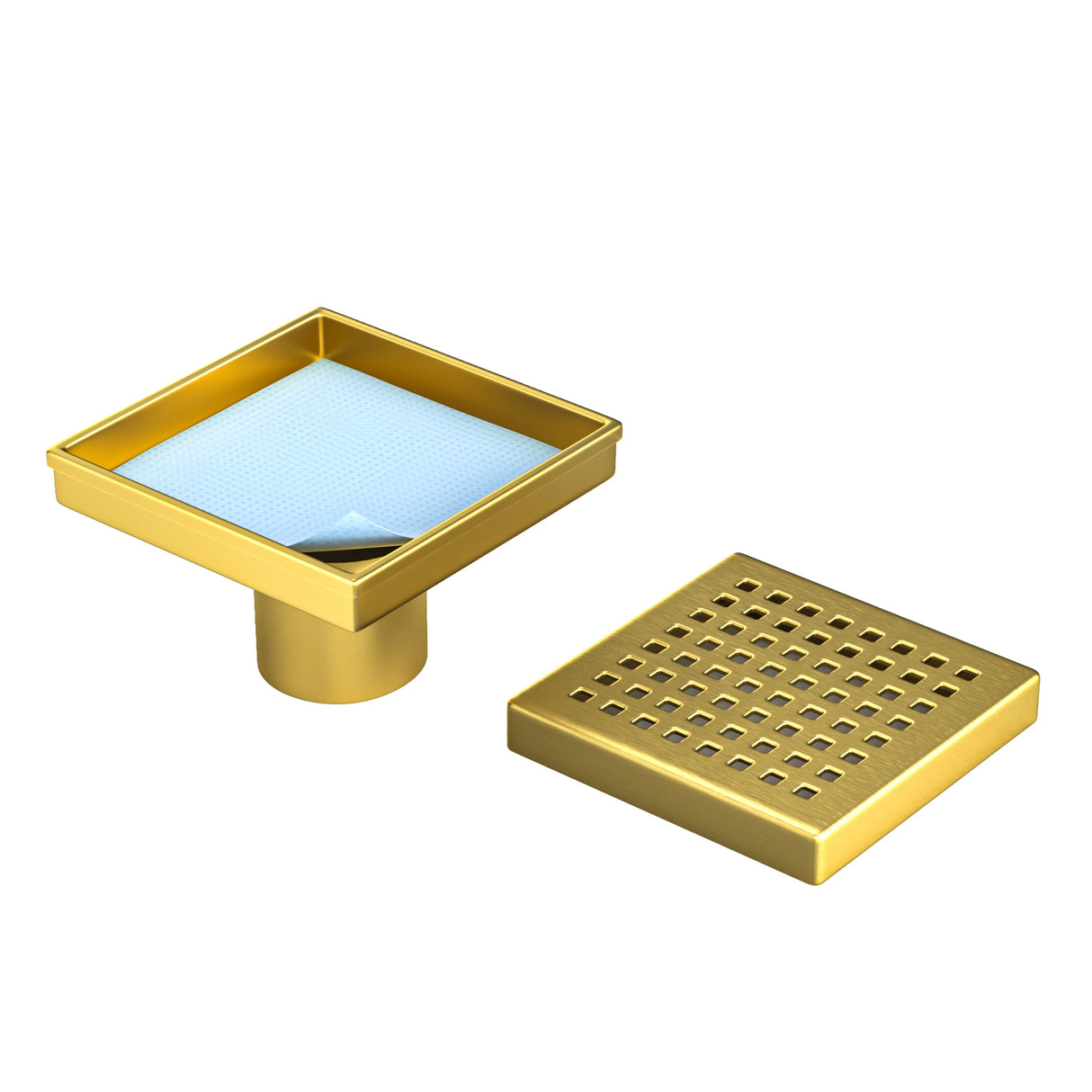 10x10cm Square Shower Drain with Grid Pattern Grate &ndash; Gold 304 Stainless Steel, CUPC Certified with Hair Strainer