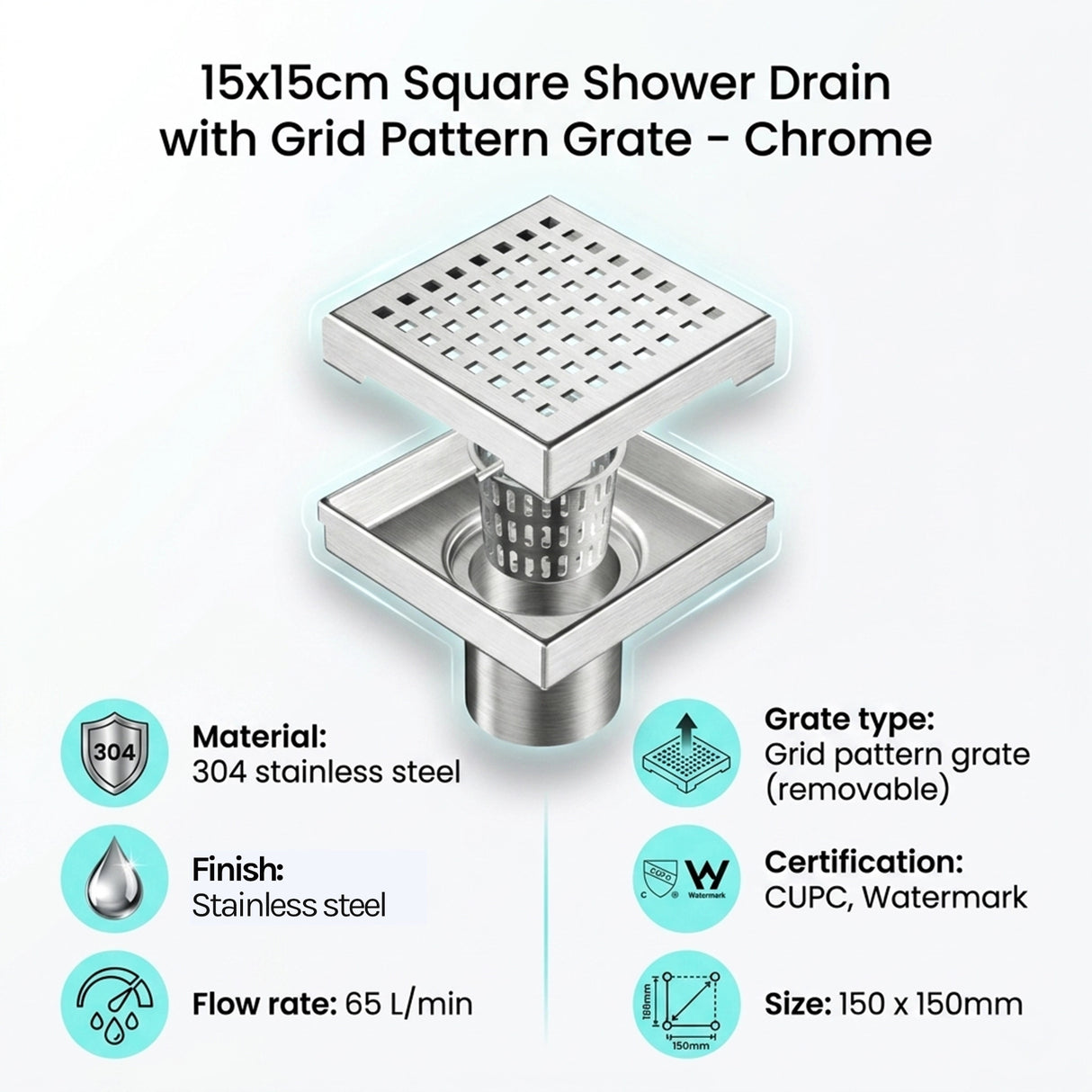 15x15cm Square Shower Drain with Grid Pattern Grate &ndash; Chrome 304 Stainless Steel, CUPC Certified with Hair Strainer
