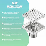 15x15cm Square Shower Drain with Grid Pattern Grate &ndash; Chrome 304 Stainless Steel, CUPC Certified with Hair Strainer