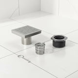 15x15cm Square Shower Drain with Grid Pattern Grate &ndash; Chrome 304 Stainless Steel, CUPC Certified with Hair Strainer - 45-Degree Angle