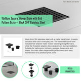 15x15cm Square Shower Drain with Grid Pattern Grate &ndash; Black 304 Stainless Steel, CUPC Certified with Hair Strainer - Extra Image