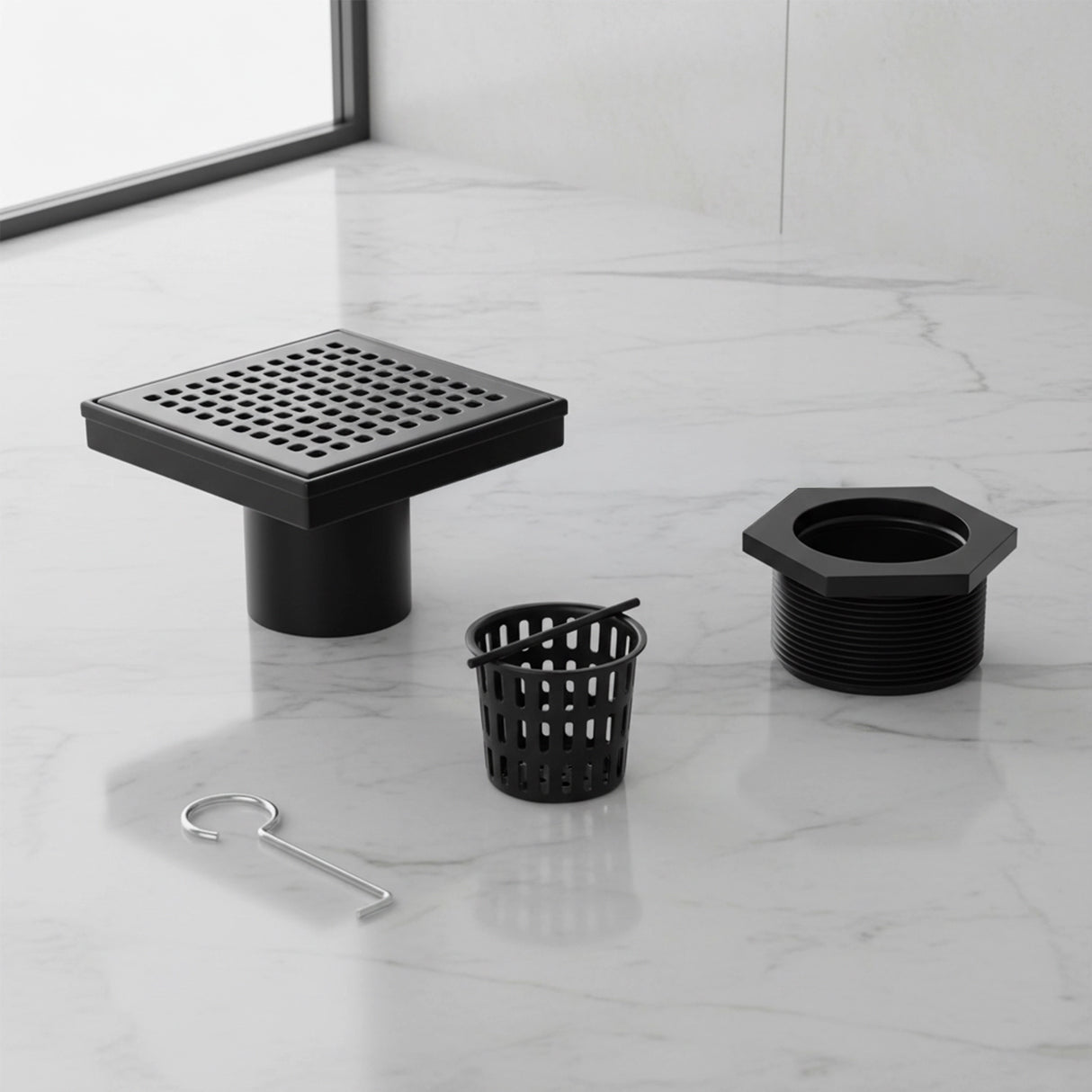 15x15cm Square Shower Drain with Grid Pattern Grate &ndash; Black 304 Stainless Steel, CUPC Certified with Hair Strainer