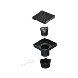 15x15cm Square Shower Drain with Grid Pattern Grate &ndash; Black 304 Stainless Steel, CUPC Certified with Hair Strainer - Rear View