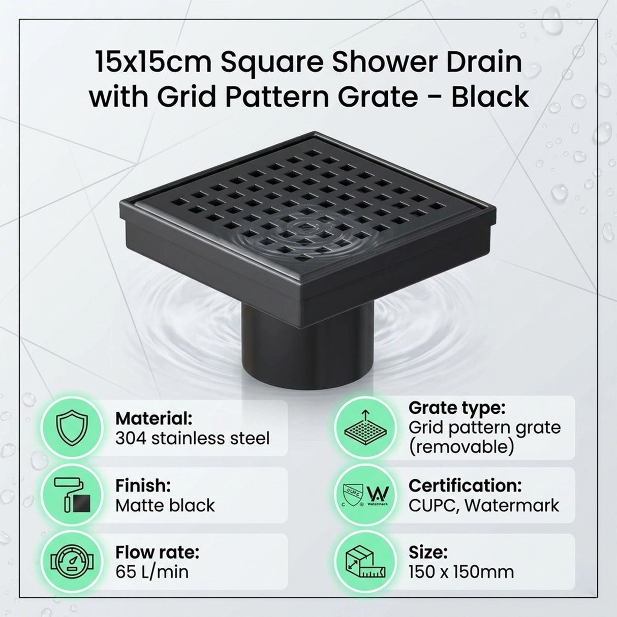 15x15cm Square Shower Drain with Grid Pattern Grate &ndash; Black 304 Stainless Steel, CUPC Certified with Hair Strainer