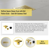 15x15cm Square Shower Drain with Grid Pattern Grate &ndash; Gold 304 Stainless Steel, CUPC Certified with Hair Strainer