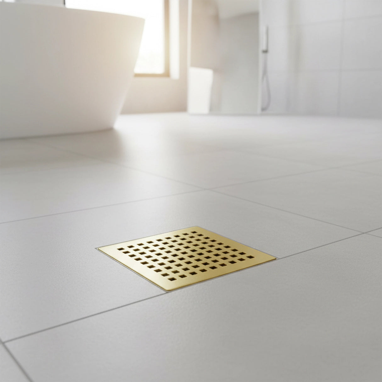 15x15cm Square Shower Drain with Grid Pattern Grate &ndash; Gold 304 Stainless Steel, CUPC Certified with Hair Strainer