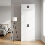 80cm 2-Door White Steel Hanging Wardrobe, Above Storage - Black Handle