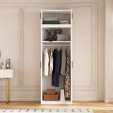 80cm 2-Door White Steel Hanging Wardrobe, Above Storage - Black Handle - Front View
