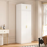 80cm 2-Door White Steel Hanging Wardrobe, Above Storage - Gold Handle