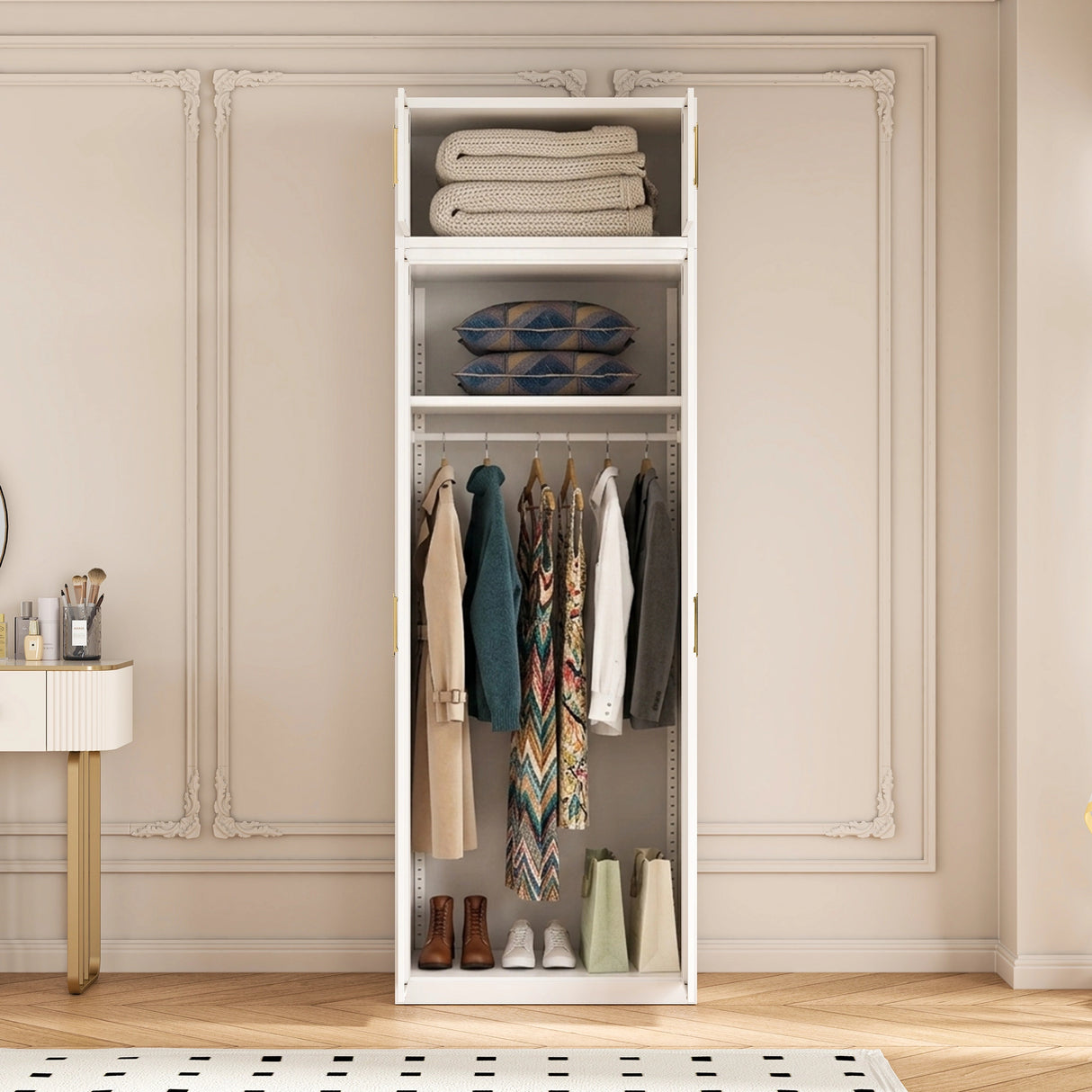80cm 2-Door White Steel Hanging Wardrobe, Above Storage - Gold Handle