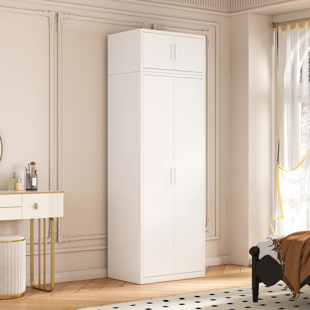 80cm 2-Door White Steel Hanging Wardrobe, Above Storage - White Handle