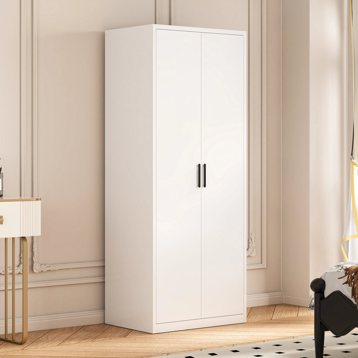 80cm 2-Door White Steel Hanging Wardrobe, No Above Storage - Black Handle