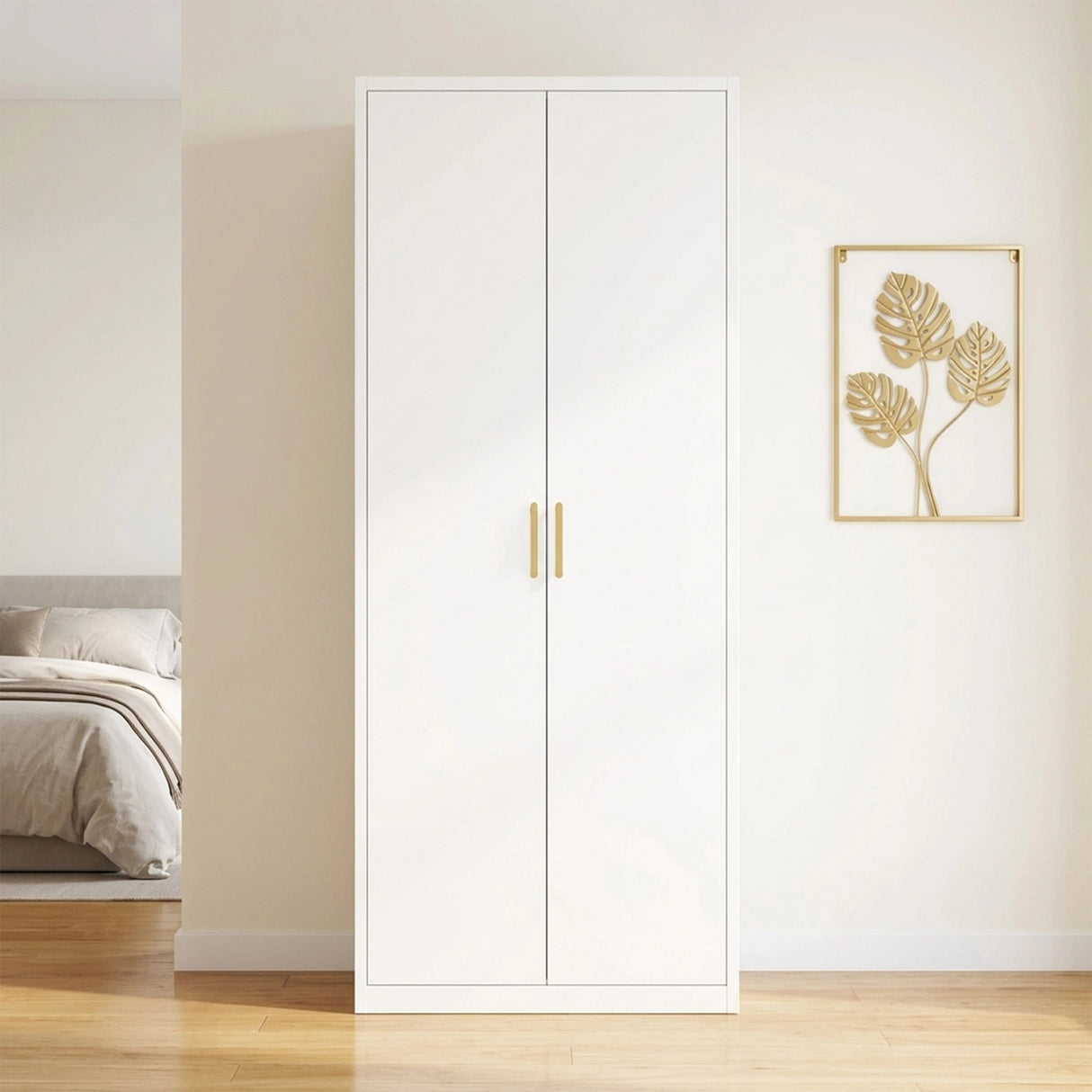 80cm 2-Door White Steel Hanging Wardrobe, No Above Storage - Gold Handle