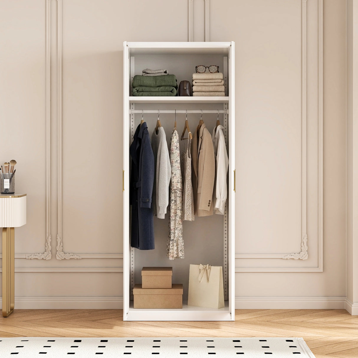 80cm 2-Door White Steel Hanging Wardrobe, No Above Storage - Gold Handle