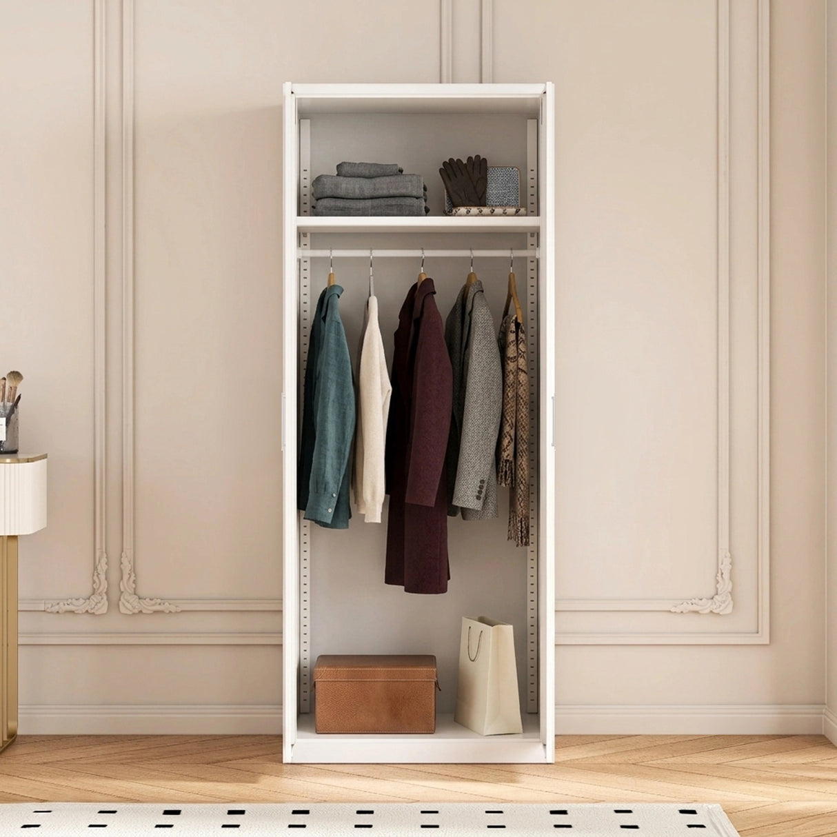80cm 2-Door White Steel Hanging Wardrobe, No Above Storage - White Handle
